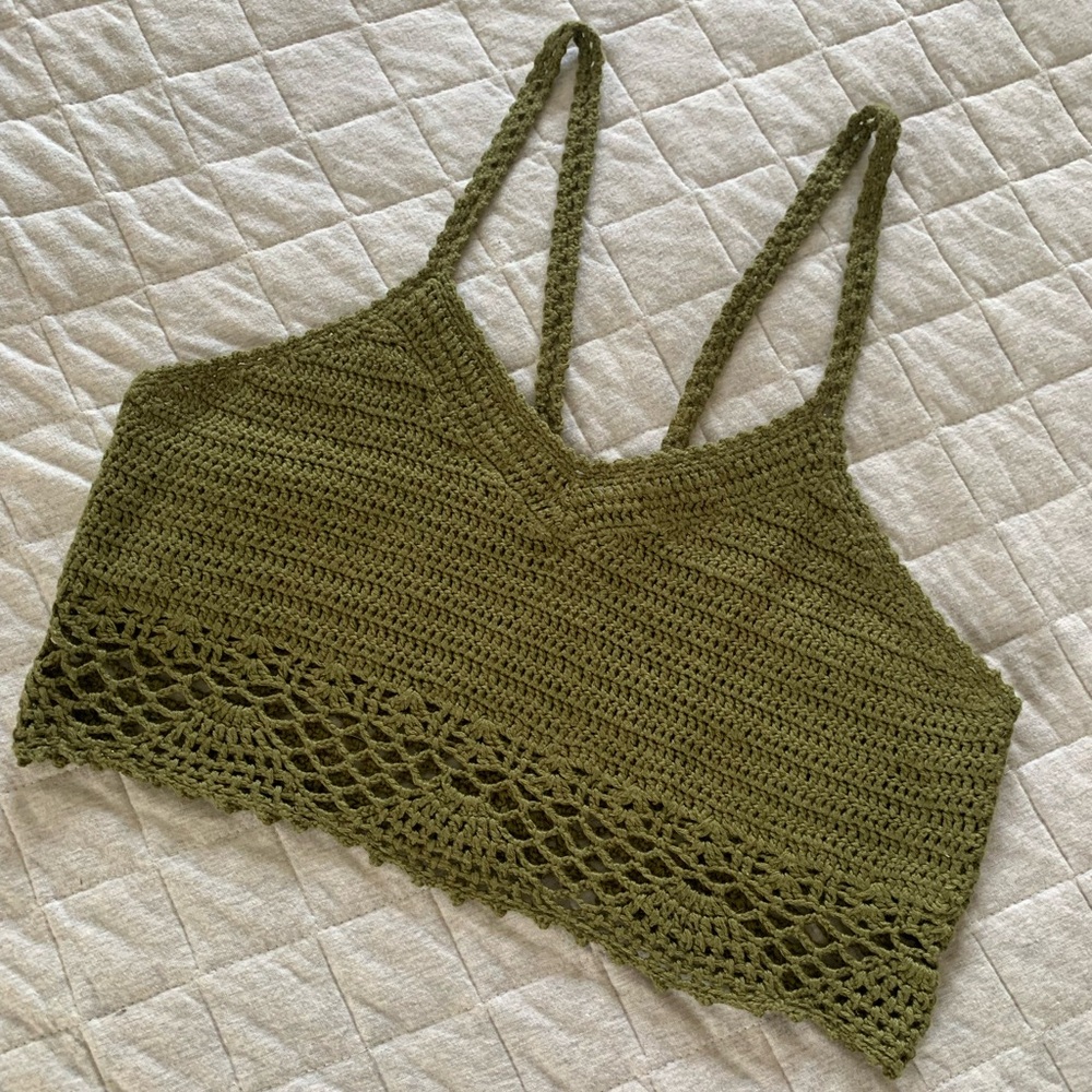 Olive Green Crochet Knitted Acrylic Cropped Tank Top Small